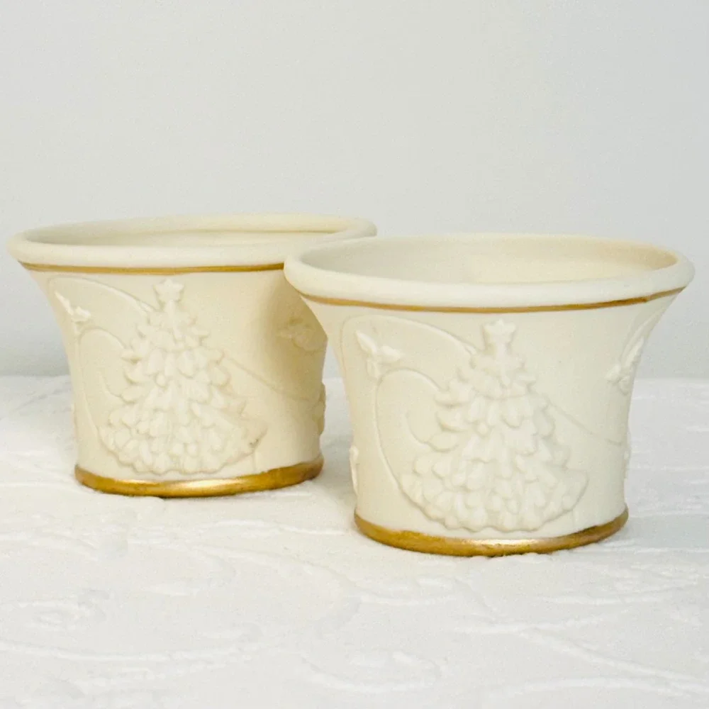 2 Vintage Y2K Yankee Candle Cream Bisque Porcelain Christmas Tea Light Holders